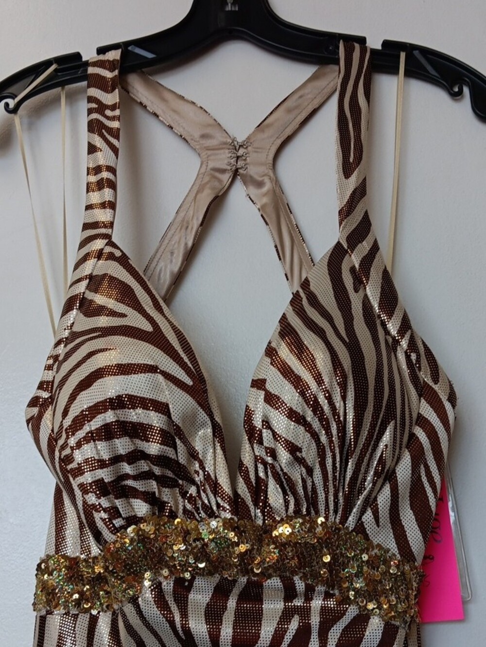 Vintage La Femme Gold and Brown Zebra-Print Maxi Dress with Embellished Waist - Picture 3 of 16